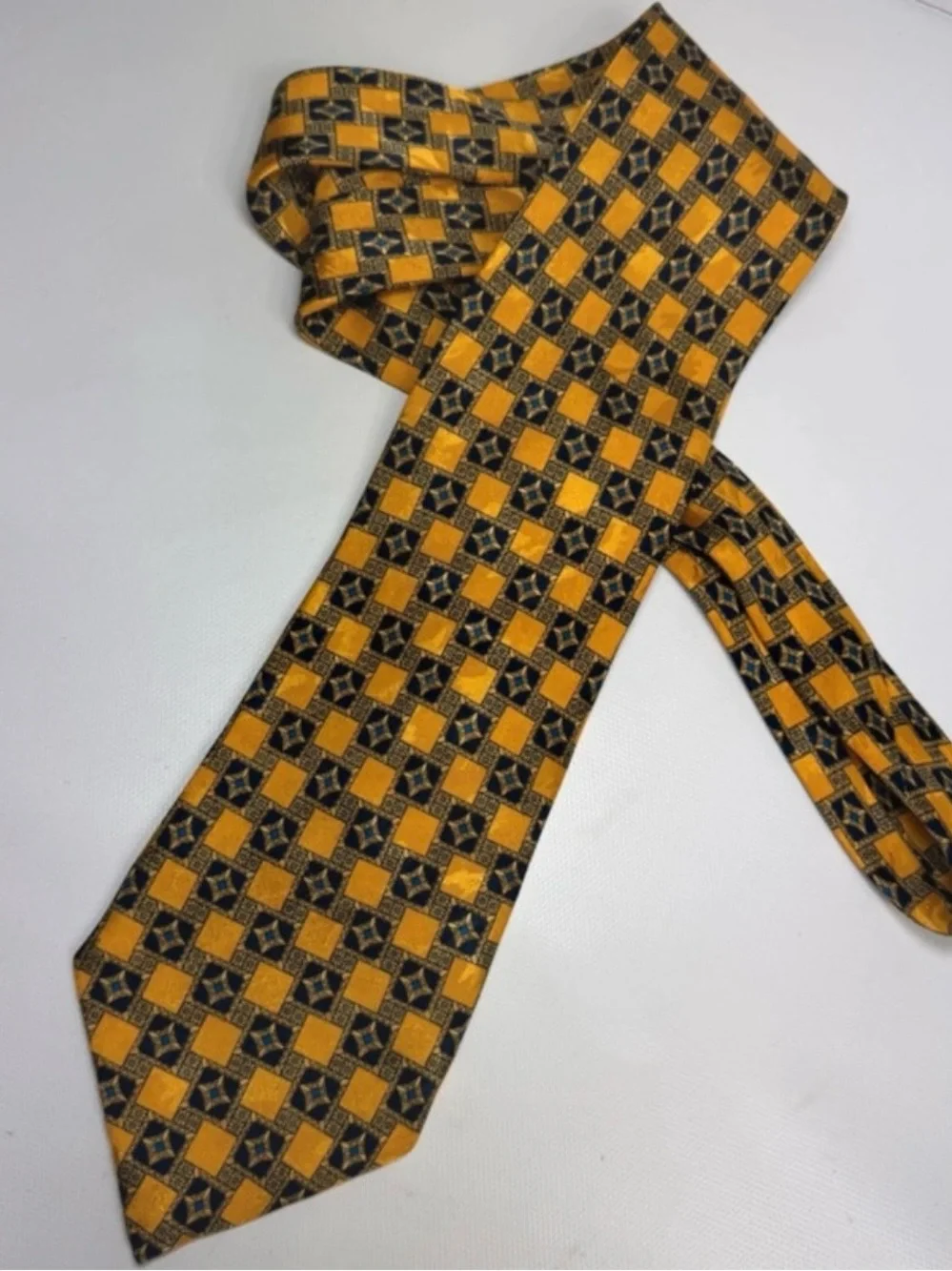 Vintage Richel 100% Silk Geometric Necktie Gold Navy Gray Made in USA Classic Ti